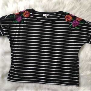 Rebecca Malone Striped 3/4 Sleeve Embroidered Top